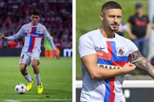 竞彩开奖-瑞士第四级别球队YF尤文图斯穿巴萨球衣比赛，只改了队徽和广告